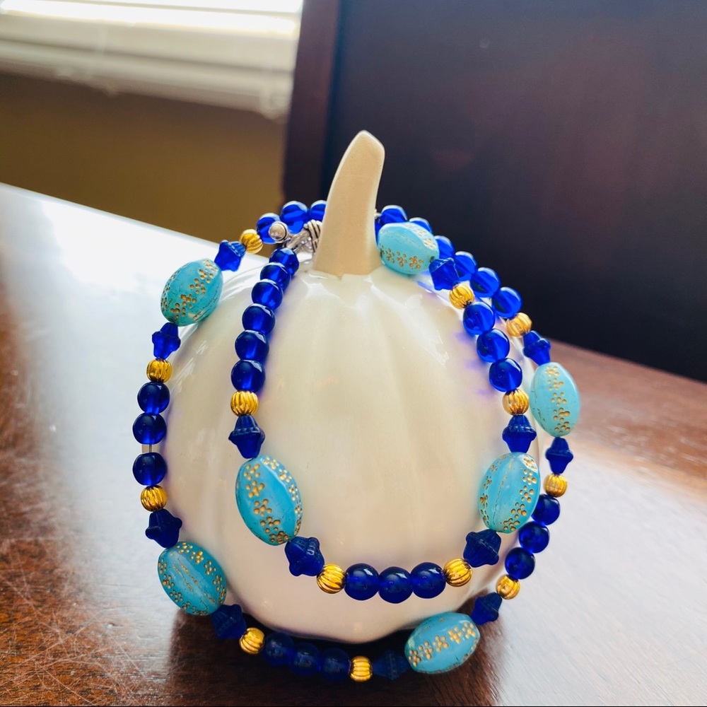 Cobalt Blue, Light Blue, Gold and Sterling Silver Beaded Necklace